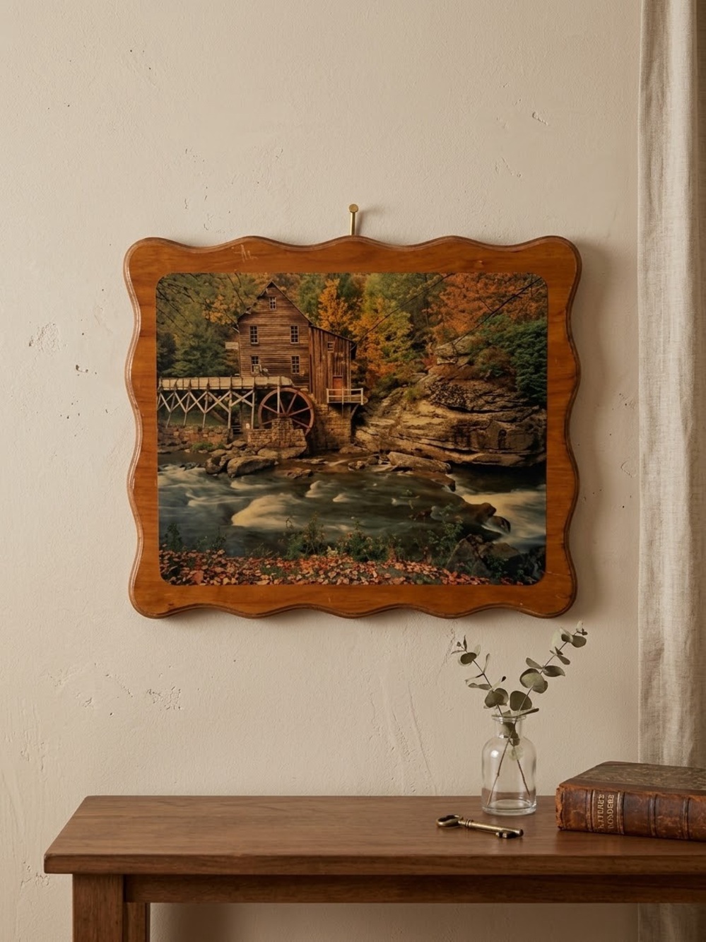 VTG 70s Decoupage/Paper Tole Wood Wall Plaque of Glade Creek Grist Mill in WV